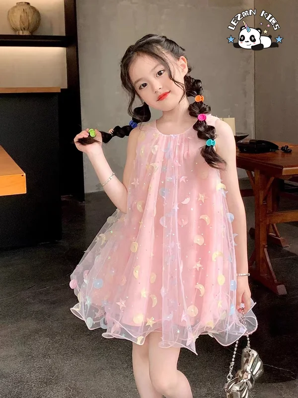 LEZONKIDS - 2024 New Fashion Summer Sleeveless Girls Dresses 2-12 Children Clothing Tulle Frocks Girls